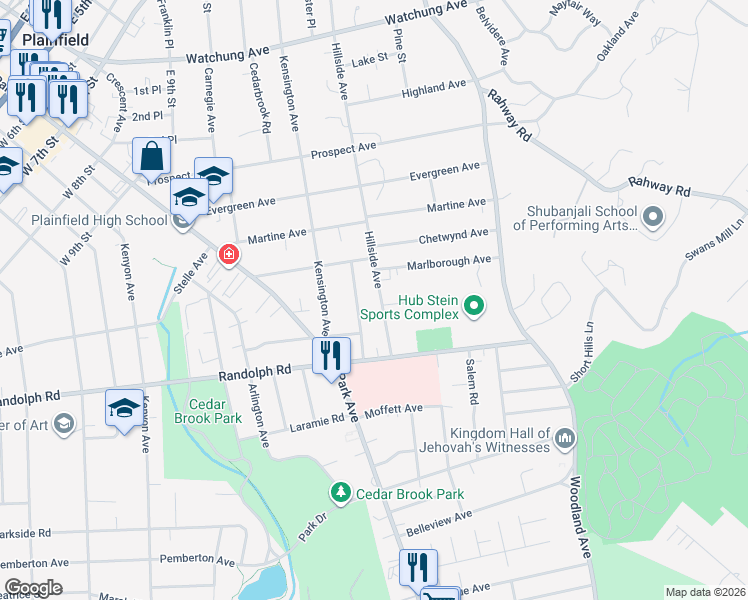 map of restaurants, bars, coffee shops, grocery stores, and more near 1136 Hillside Avenue in Plainfield