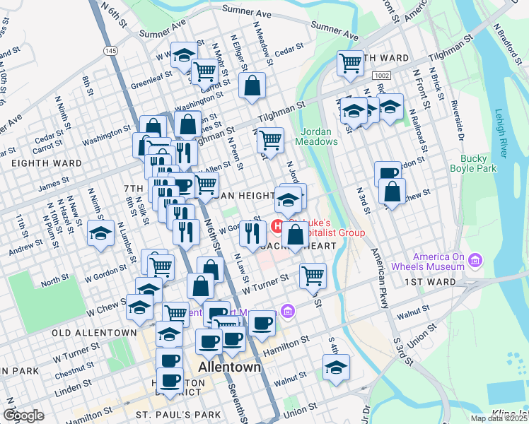 map of restaurants, bars, coffee shops, grocery stores, and more near 429 West Gordon Street in Allentown