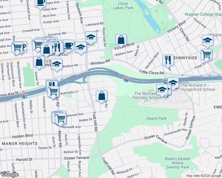 map of restaurants, bars, coffee shops, grocery stores, and more near 24 Schmidts Lane in Staten Island