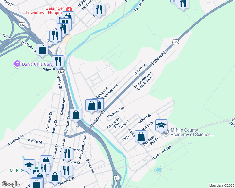 map of restaurants, bars, coffee shops, grocery stores, and more near 603 East Walnut Street in Lewistown