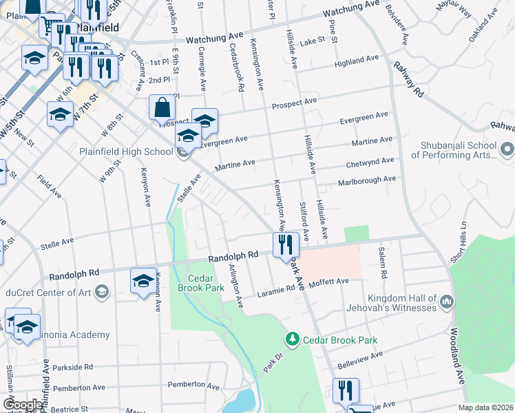 map of restaurants, bars, coffee shops, grocery stores, and more near 1131 Park Avenue in Plainfield