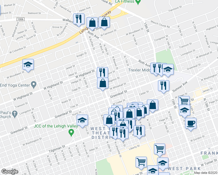 map of restaurants, bars, coffee shops, grocery stores, and more near 1835 West Whitehall Street in Allentown