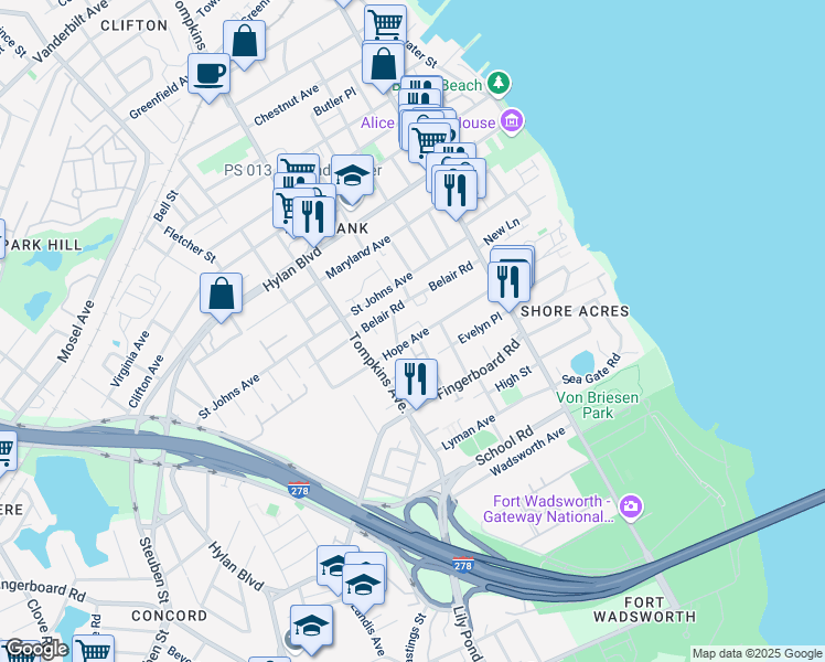 map of restaurants, bars, coffee shops, grocery stores, and more near 38 Belair Lane in Staten Island