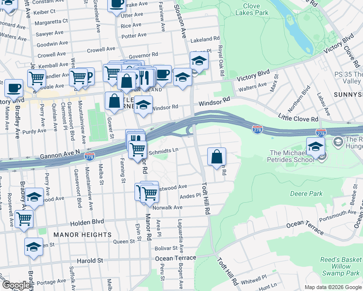 map of restaurants, bars, coffee shops, grocery stores, and more near 159 Schmidts Lane in Staten Island
