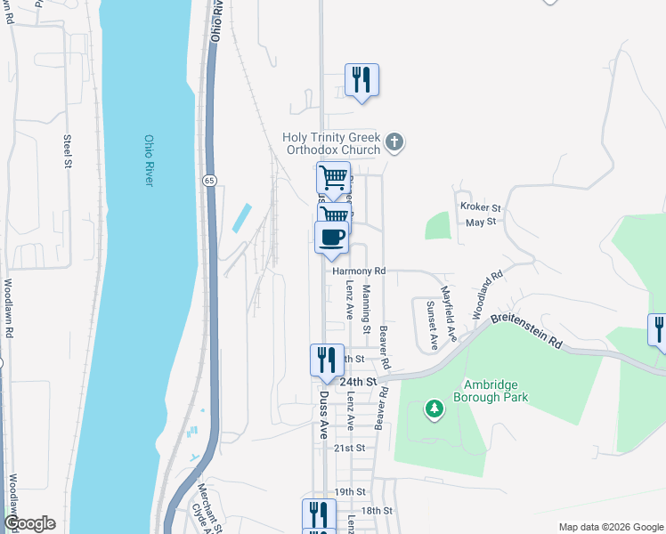 map of restaurants, bars, coffee shops, grocery stores, and more near 2751 Duss Avenue in Ambridge