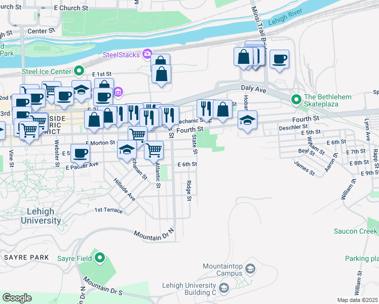 map of restaurants, bars, coffee shops, grocery stores, and more near 938 East 5th Street in Bethlehem