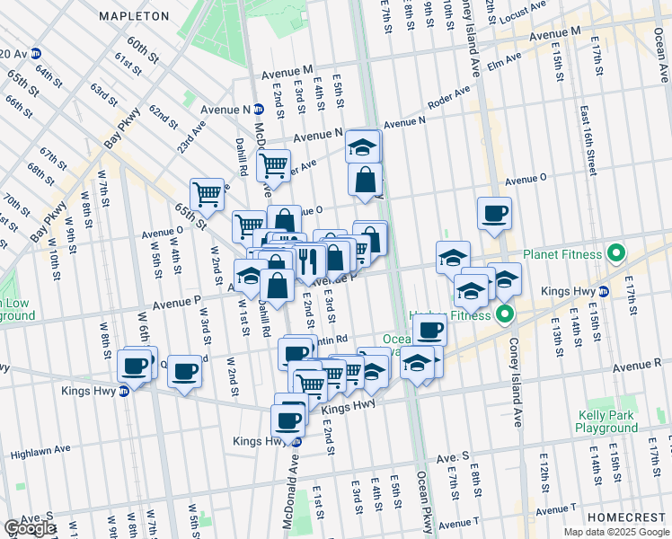 map of restaurants, bars, coffee shops, grocery stores, and more near 462 Avenue P in Brooklyn