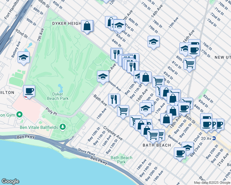 map of restaurants, bars, coffee shops, grocery stores, and more near 8691 15th Avenue in Brooklyn