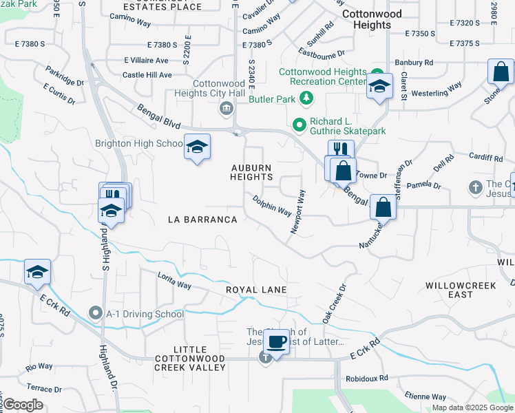 map of restaurants, bars, coffee shops, grocery stores, and more near 2366 East Dolphin Way in Salt Lake City