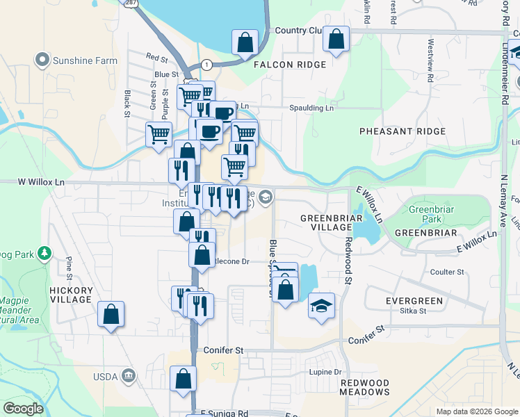 map of restaurants, bars, coffee shops, grocery stores, and more near 1629 Blue Spruce Drive in Fort Collins