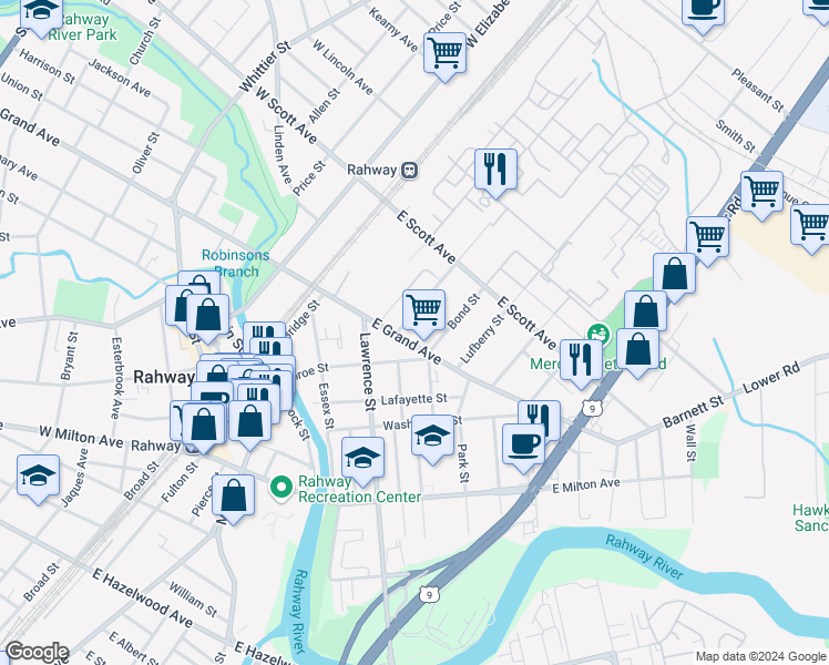 map of restaurants, bars, coffee shops, grocery stores, and more near 234 East Grand Avenue in Rahway