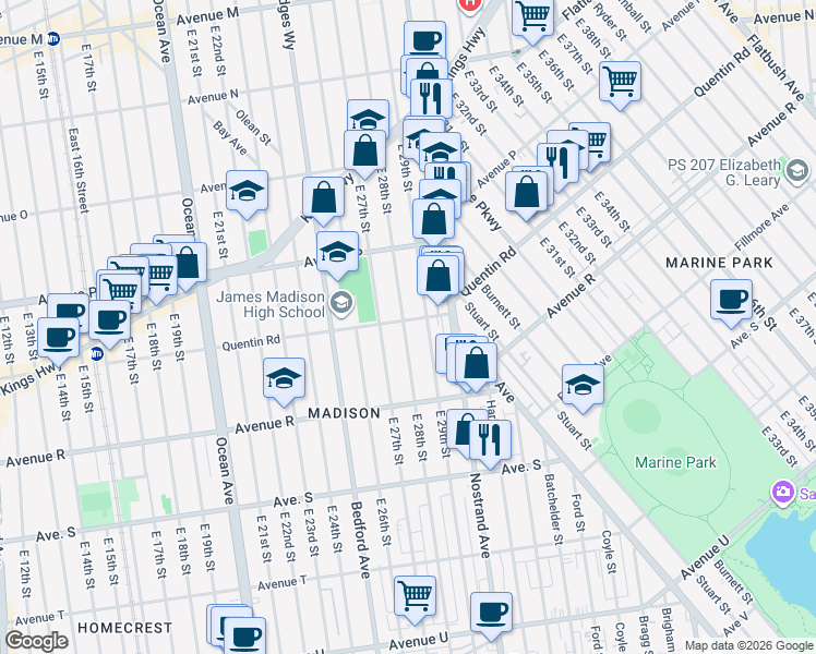 map of restaurants, bars, coffee shops, grocery stores, and more near 2802 Quentin Road in Brooklyn