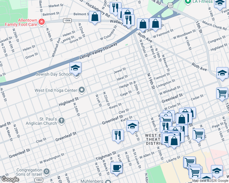 map of restaurants, bars, coffee shops, grocery stores, and more near 1035 North Saint Lucas Street in Allentown
