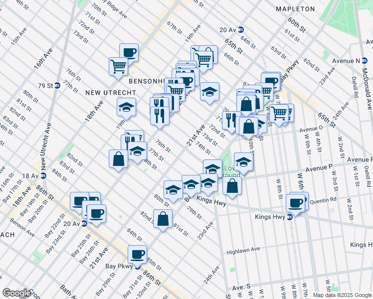 map of restaurants, bars, coffee shops, grocery stores, and more near 2115 Bay Ridge Parkway in Brooklyn