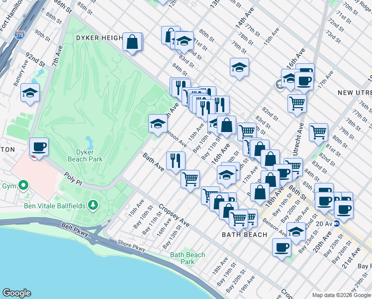 map of restaurants, bars, coffee shops, grocery stores, and more near 8691 15th Avenue in Brooklyn