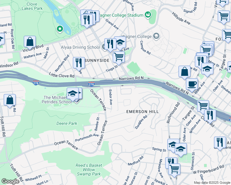 map of restaurants, bars, coffee shops, grocery stores, and more near 26 Hewitt Avenue in Staten Island