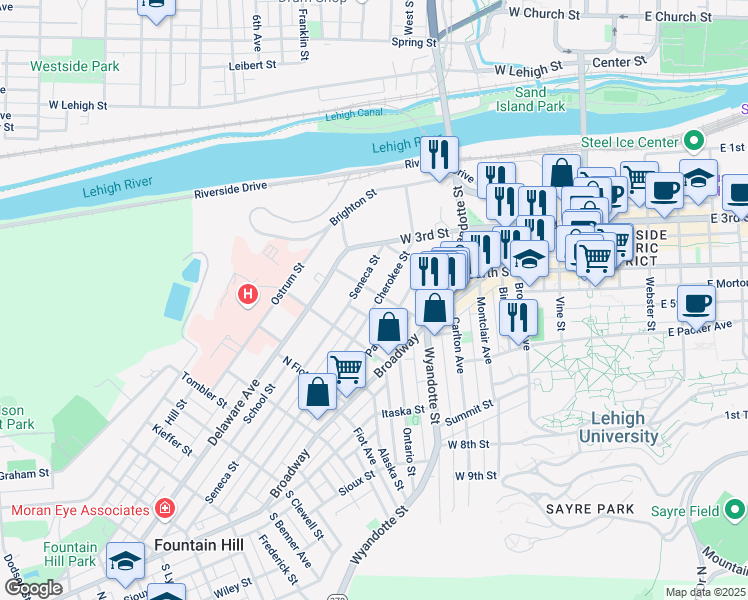 map of restaurants, bars, coffee shops, grocery stores, and more near 614 Dakotah Street in Bethlehem