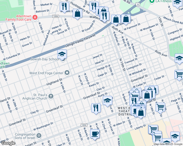 map of restaurants, bars, coffee shops, grocery stores, and more near 1035 North Saint Lucas Street in Allentown