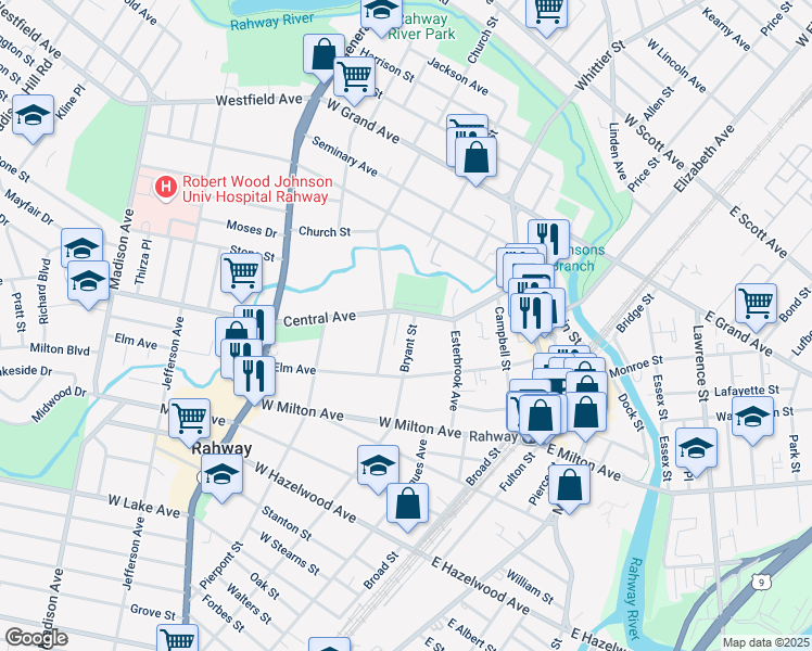 map of restaurants, bars, coffee shops, grocery stores, and more near 1384 Bryant Street in Rahway