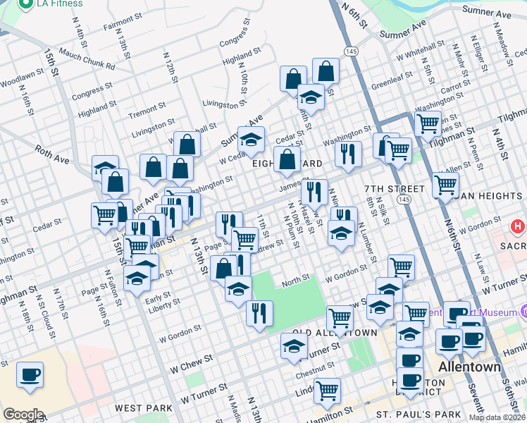 map of restaurants, bars, coffee shops, grocery stores, and more near 1104 State Route 1002 in Allentown