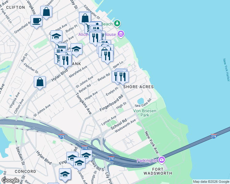 map of restaurants, bars, coffee shops, grocery stores, and more near 26 Evelyn Place in Staten Island