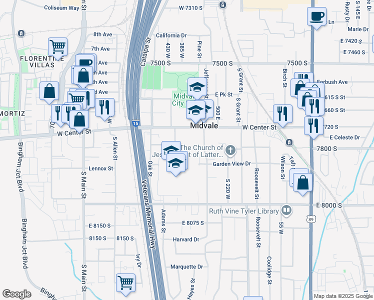 map of restaurants, bars, coffee shops, grocery stores, and more near 365 Alta View Drive in Midvale