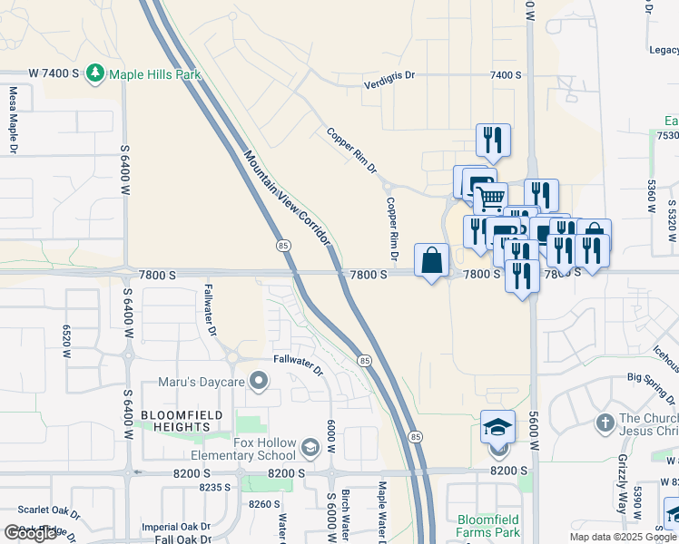 map of restaurants, bars, coffee shops, grocery stores, and more near 7106 West 7800 South in West Jordan