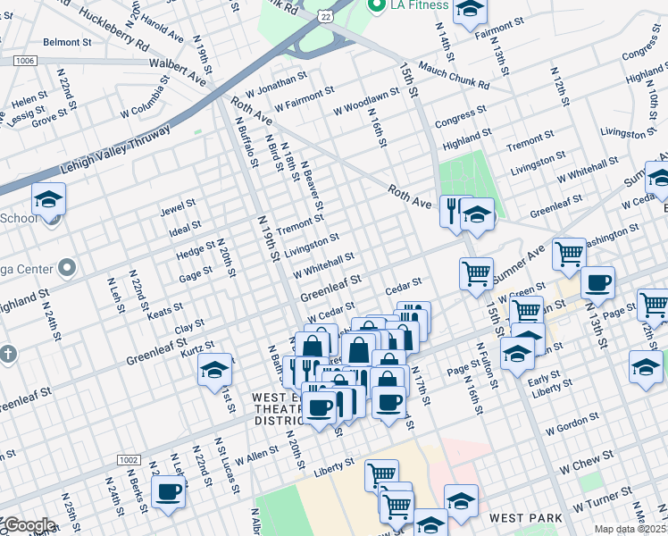 map of restaurants, bars, coffee shops, grocery stores, and more near 919 North 18th Street in Allentown