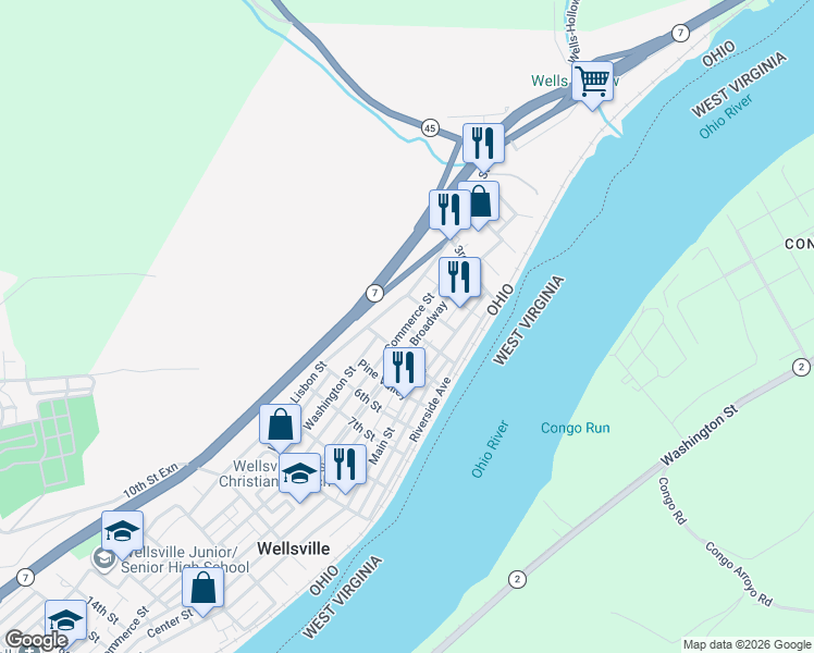 map of restaurants, bars, coffee shops, grocery stores, and more near 421 Commerce Street in Wellsville