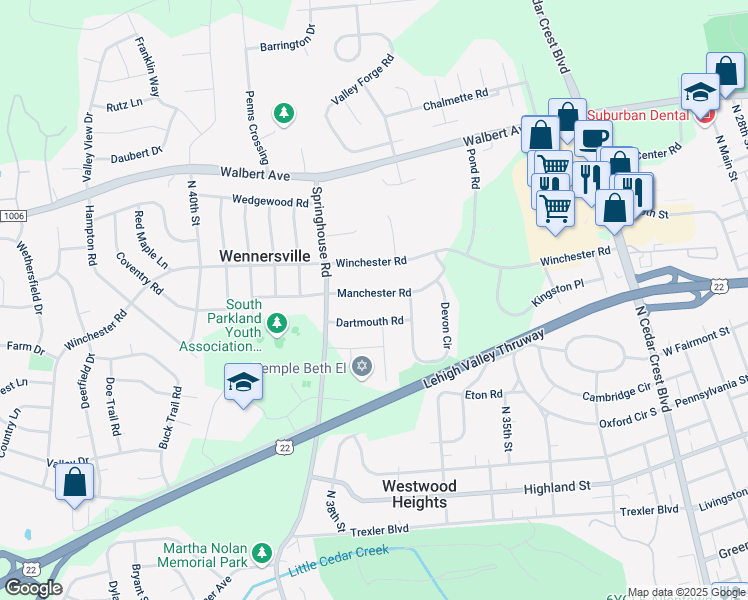 map of restaurants, bars, coffee shops, grocery stores, and more near 3720 Manchester Road in Allentown