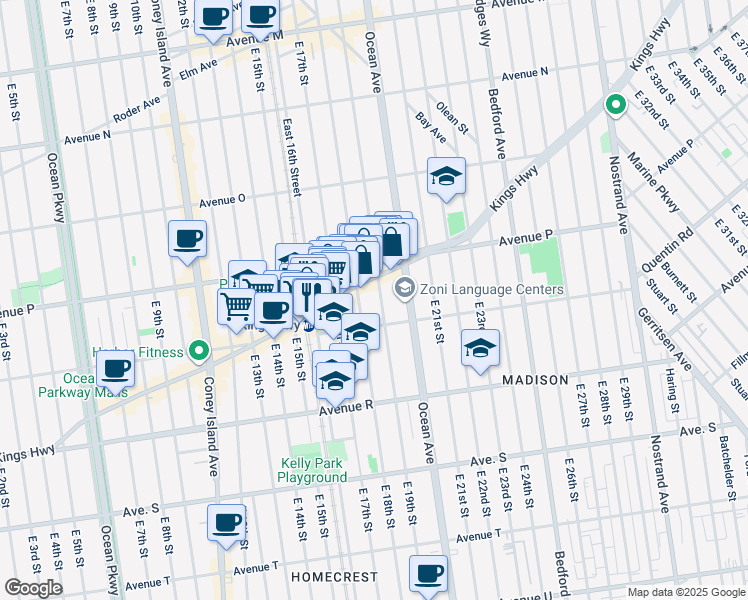 map of restaurants, bars, coffee shops, grocery stores, and more near 1656 East 19th Street in Brooklyn