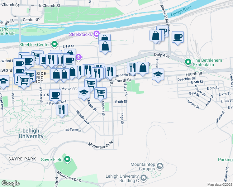 map of restaurants, bars, coffee shops, grocery stores, and more near 916 East 5th Street in Bethlehem
