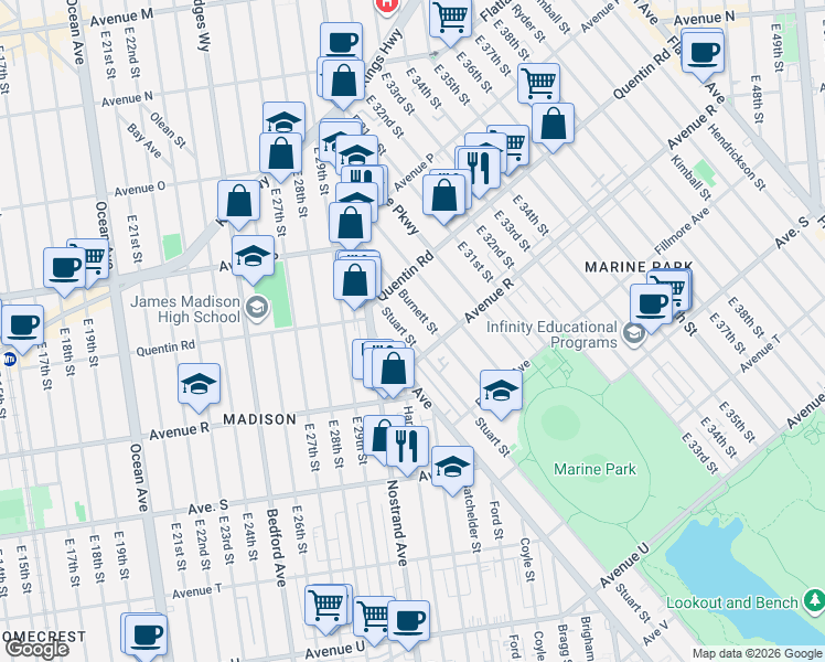 map of restaurants, bars, coffee shops, grocery stores, and more near 1744 Stuart Street in Brooklyn