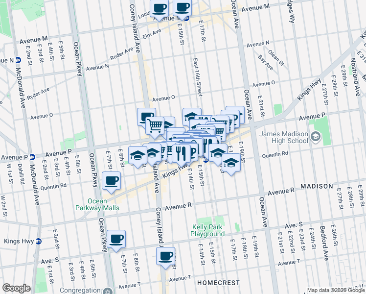 map of restaurants, bars, coffee shops, grocery stores, and more near 1630 East 15th Street in Brooklyn