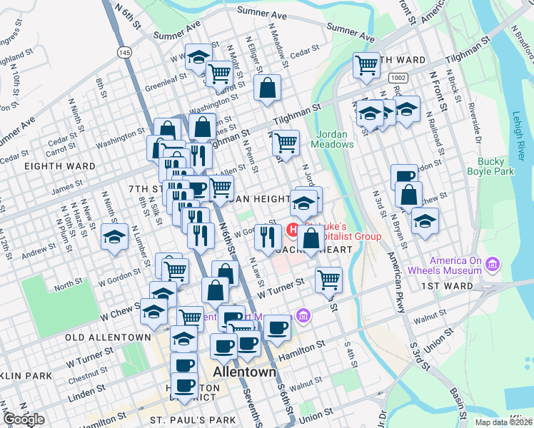 map of restaurants, bars, coffee shops, grocery stores, and more near 429 West Gordon Street in Allentown