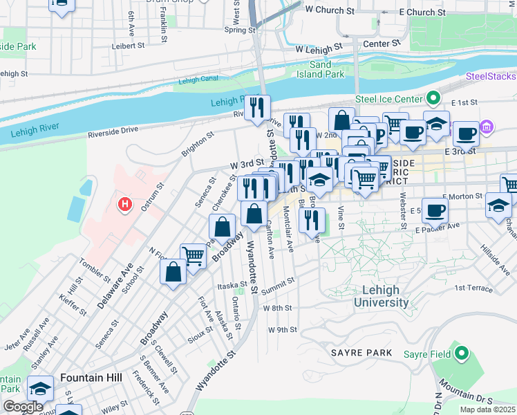 map of restaurants, bars, coffee shops, grocery stores, and more near 430 Wyandotte Street in Bethlehem