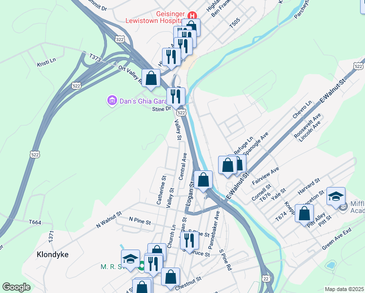 map of restaurants, bars, coffee shops, grocery stores, and more near 676 Valley Street in Lewistown