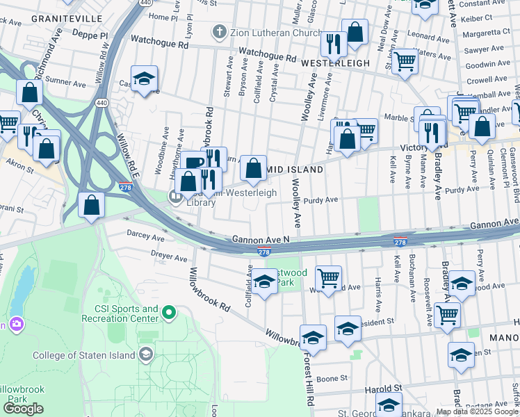 map of restaurants, bars, coffee shops, grocery stores, and more near 74 Woodward Avenue in Staten Island
