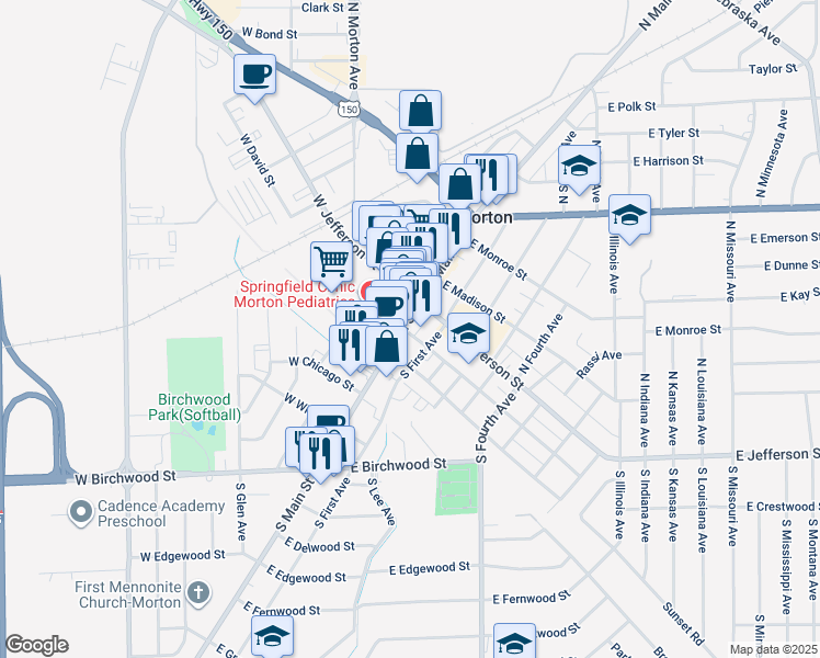 map of restaurants, bars, coffee shops, grocery stores, and more near 25 E Adams St in Morton