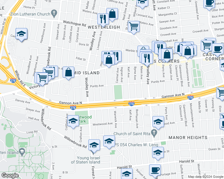 map of restaurants, bars, coffee shops, grocery stores, and more near 84 Warwick Avenue in Staten Island