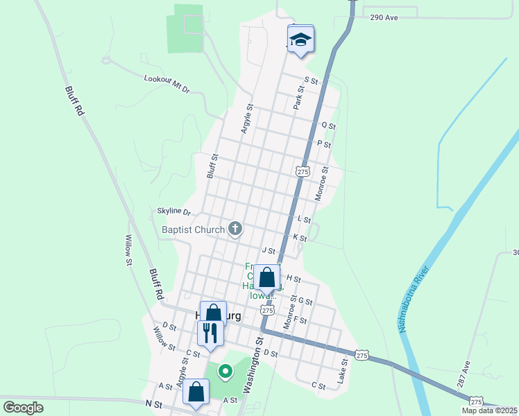 map of restaurants, bars, coffee shops, grocery stores, and more near L Street in Hamburg
