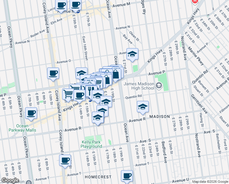 map of restaurants, bars, coffee shops, grocery stores, and more near 1661 East 19th Street in Brooklyn