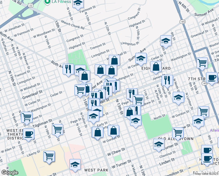 map of restaurants, bars, coffee shops, grocery stores, and more near 728 North 13th Street in Allentown