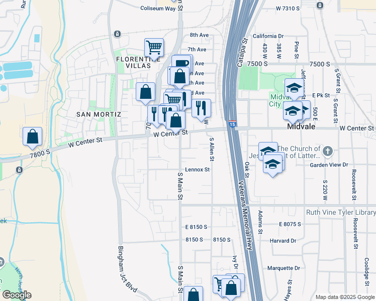 map of restaurants, bars, coffee shops, grocery stores, and more near 651 Price Street in Midvale