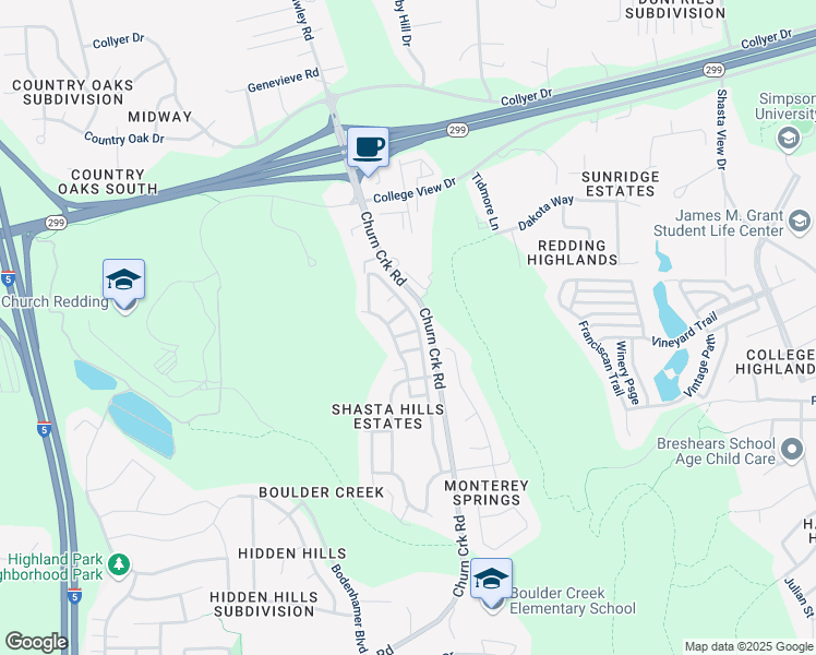 map of restaurants, bars, coffee shops, grocery stores, and more near 1368 Southfork Trail in Redding