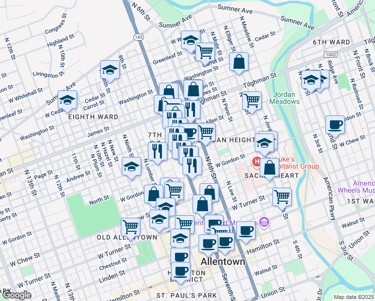map of restaurants, bars, coffee shops, grocery stores, and more near 633 Liberty Street in Allentown