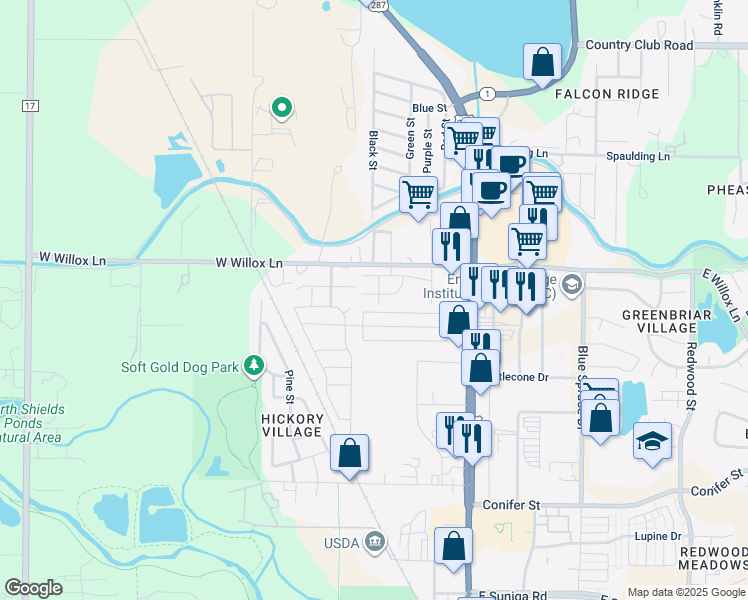 map of restaurants, bars, coffee shops, grocery stores, and more near 321 Urban Prairie Street in Fort Collins
