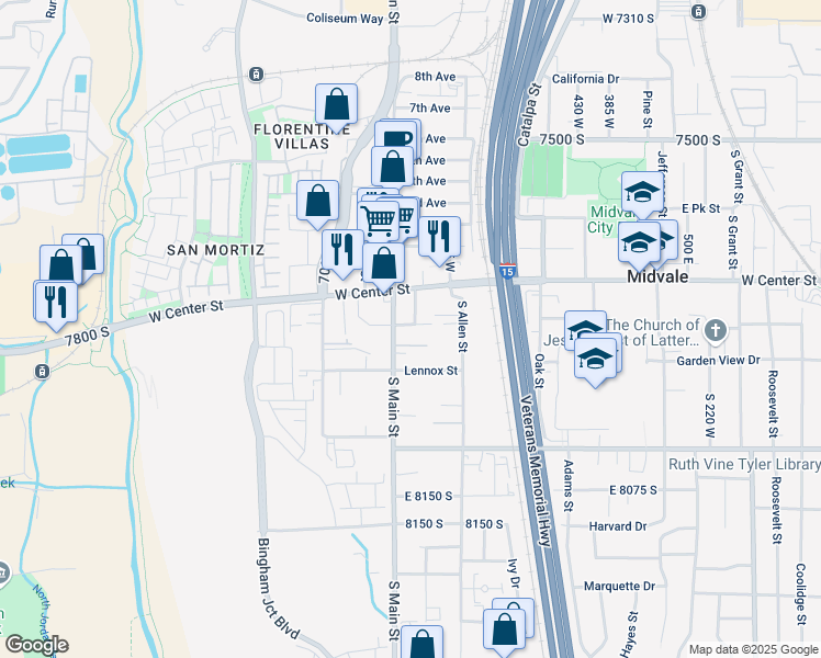 map of restaurants, bars, coffee shops, grocery stores, and more near 651 Price Street in Midvale