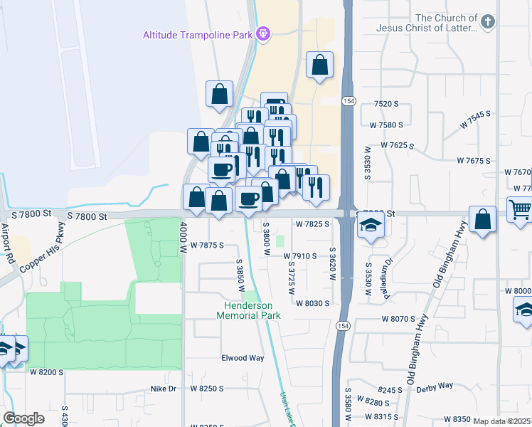 map of restaurants, bars, coffee shops, grocery stores, and more near 7823 South 3800 West in West Jordan