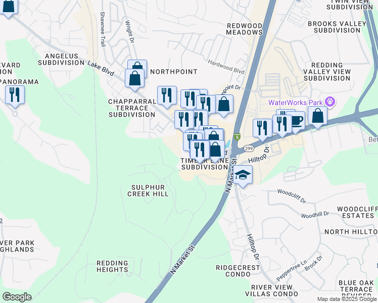 map of restaurants, bars, coffee shops, grocery stores, and more near 110 Masonic Avenue in Redding